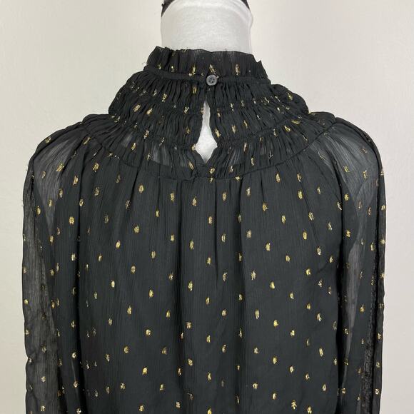 Ann Taylor | Black Chiffon Metallic Clip Smocked Ruffle Neck Top Career Blouse - Picture 9 of 13